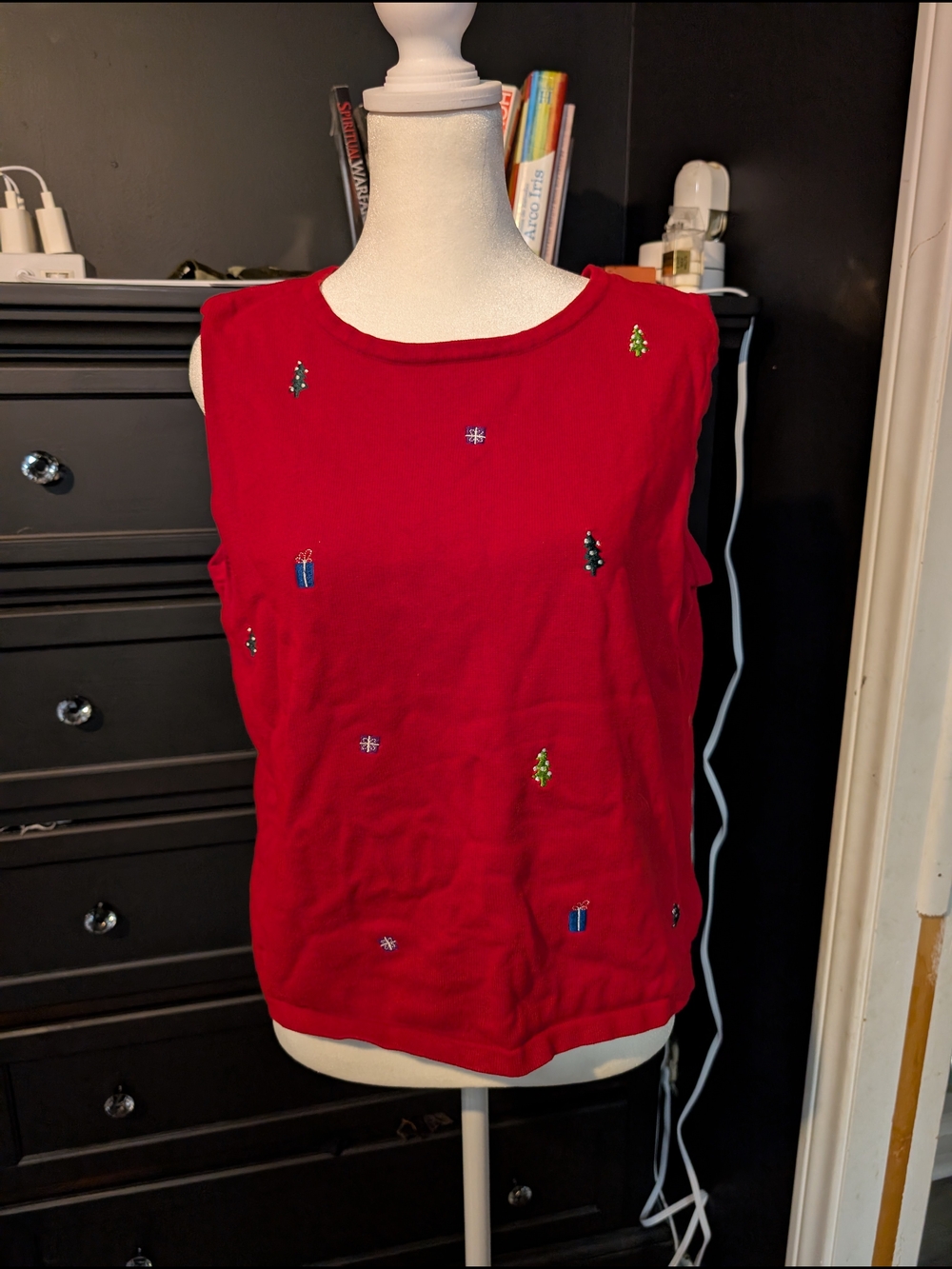 Christopher & Banks Red Embellished Holiday Sleeveless Tank